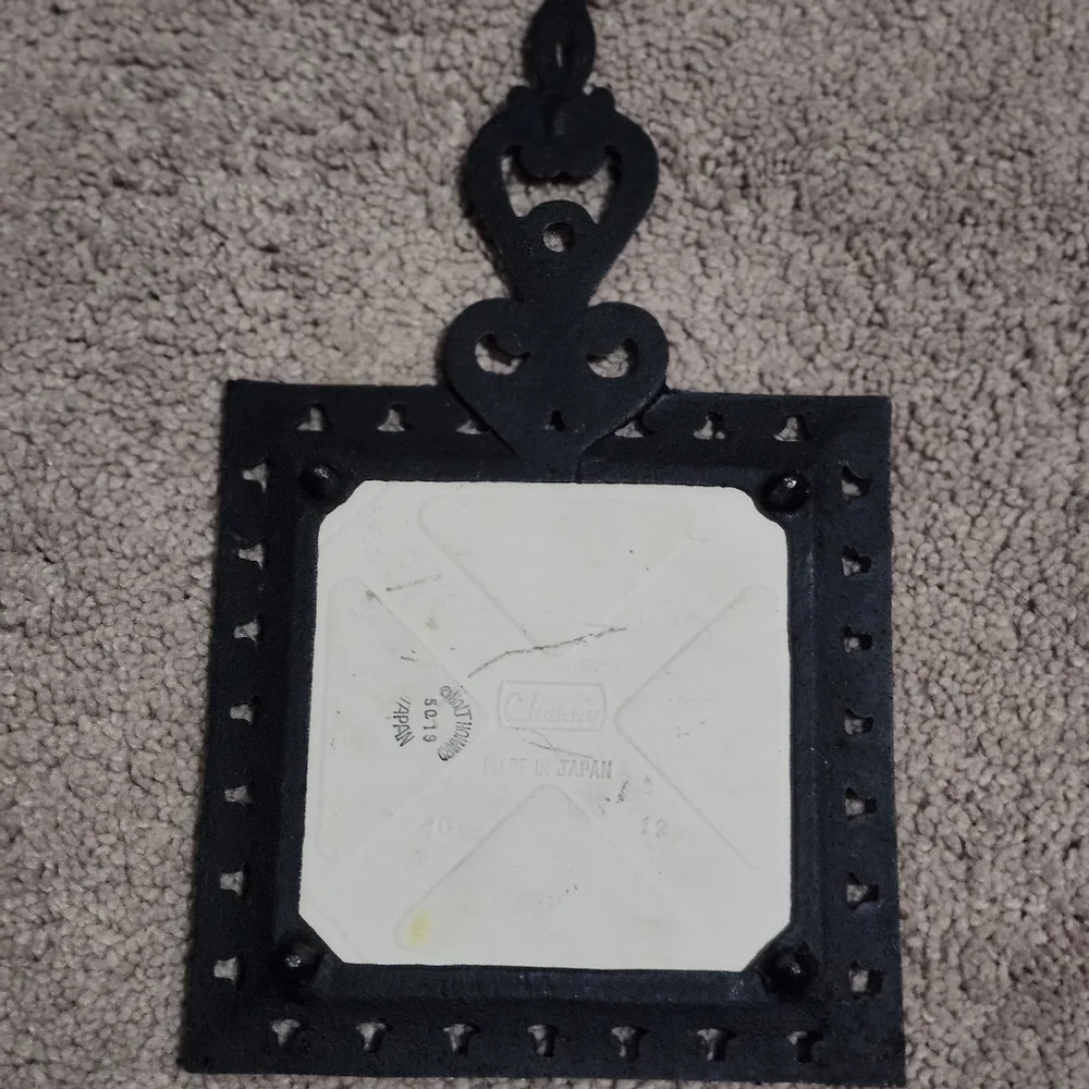 Vintage Cast Iron Trivet Or Hotpot with Orange Quote Tile